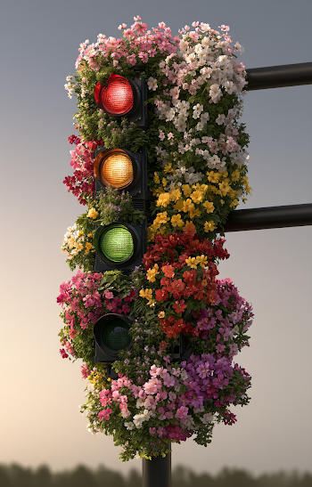 Nature-Inspired Traffic Light Decorated with Blooms