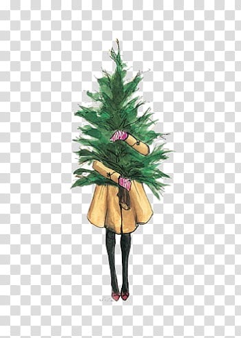 Navidad, woman holding green Christmas tree painting transparent background PNG clipart
