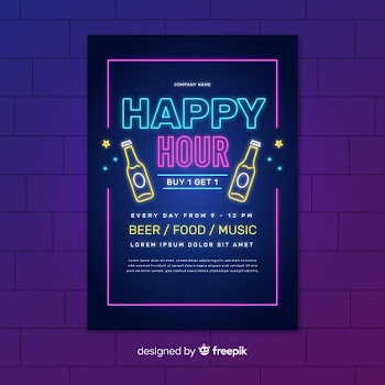 Neon happy hour lights poster with bottles of beer Free Vector