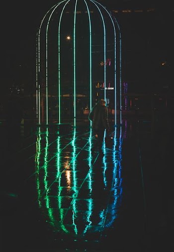 Neon light lines at King's Cross railroad station in London