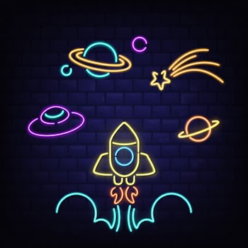 Neon space icons set, rocket, ufo, saturn planet and comet signs Free Vector