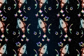 Neon star rocket doodle pattern background