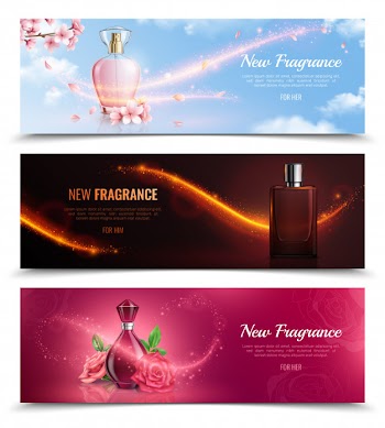 New fragrance horizontal cosmetics banners with bottles of perfume and effect of magic flying glitters realistic Free Vector