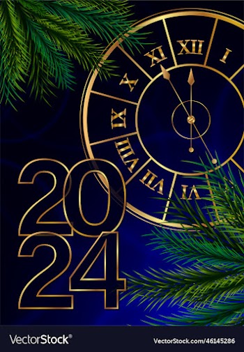 new year 2024 - stylized clock and fir branches
