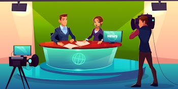 Newscasters team live broadcast cartoon. Free Vector