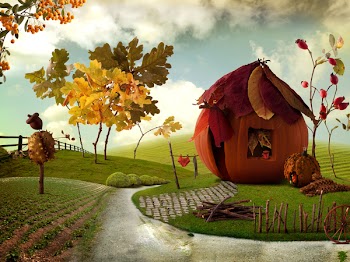 Nice picture-collage with a pretty Pumkin-Cottage and Chestnut-Acorn Scarecrow