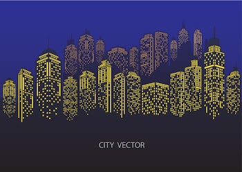  Night city Urban landscape. Blue city silhouette.