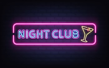 Night club, cocktail bar bright neon retro signboard realistic vector with glowing fluorescent blue light letters, yellow cocktail glass with olive, violet, pink frame on dark brick wall illustration Free Vector