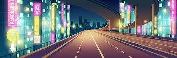 Night metropolis empty, four-lane highway, freeway road illuminated with restaurants, hotel, road and karaoke bar neon colors signboards cartoon vector background. modern city nightlife background Free Vector