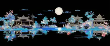 Night Scene Painting: Full Moon Over Island Pavilions and Trees Night Scene Painting: Full Moon Over Island Pavilions and Trees