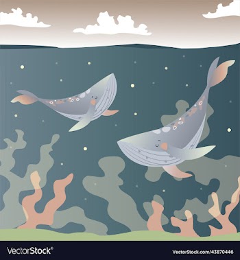 night sea with two whales under the starry sky