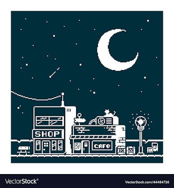 night street with a cafe and a shop