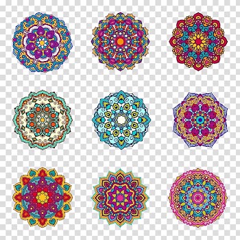 Nine assorted-color flower , Mandala Ornament Islamic geometric patterns Illustration, Color Ball Design transparent background PNG clipart