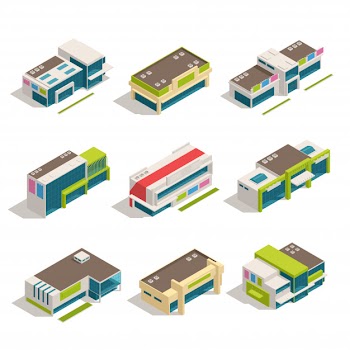 Nine isolated store mall shopping center isometric buildings icon set top view vector illustration Free Vector