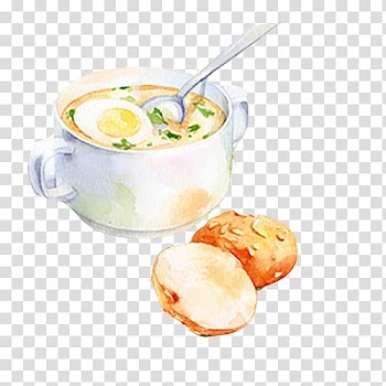 Noodles in bowl with spoon , Cupcake Watercolor painting Food Drawing Illustration, Bread, eggs, soup hand painting material transparent background PNG clipart