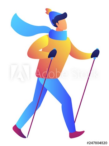 Nordic walker in winter clothes exercises with walking poles vector illustration