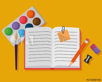 notebook with watercolor and pencil with eraser and sharpener