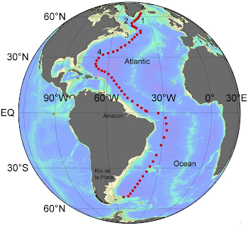 Numbers show the locations 1) Irminger Sea, 2) Labrador Sea, 3 ...