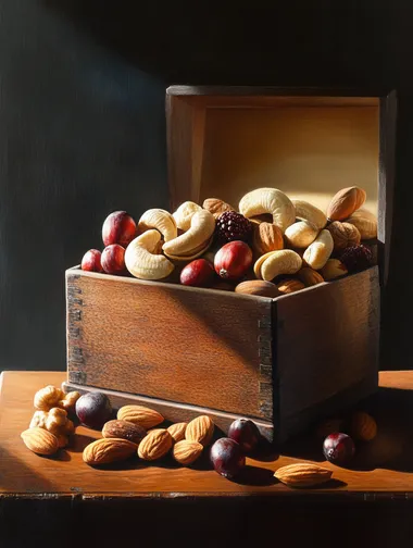 Nuts in a Wooden Box: Cranberry Cashews and More, Vibrant Lighting Nuts in a Wooden Box: Cranberry Cashews and More, Vibrant Lighting