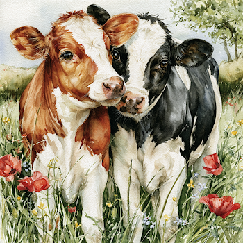 Nuzzling Calves in a Flower Meadow