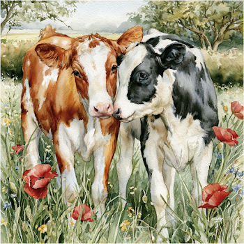 Nuzzling Cows in a Wildflower Meadow