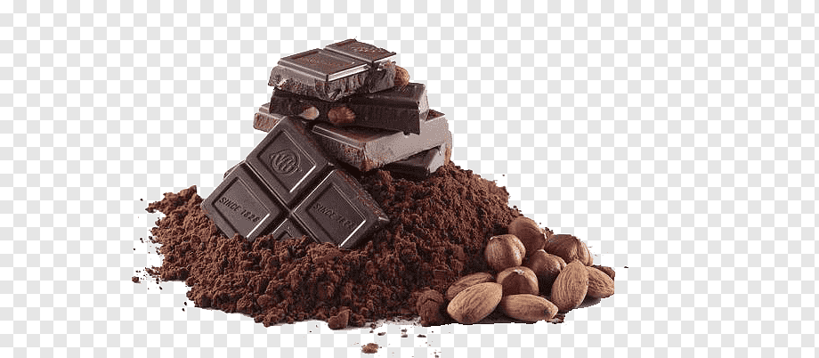 of chocolate, nuts, and powder, Chocolate bar Chocolate cake Cocoa solids Cocoa bean, Chocolate powder and chocolate, food, color Powder, hot Chocolate png
