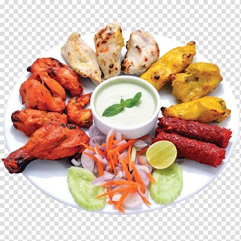 Of fried foods, vegetable salads and dipping tray on plate, Kebab Chicken tikka Indian cuisine Tandoori chicken, grill transparent background PNG clipart