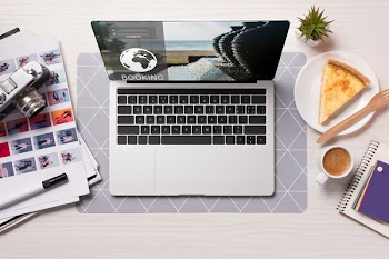 Office Desk Laptop Booking Website Screen Flat Lay