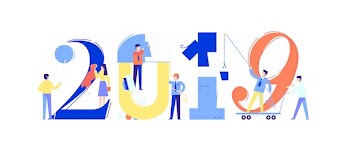 Office staff are preparing to meet the new year 2019. Vector illustration. Cartoon characters repair the numbers. Image is isolated on white background. Flat illustration for banner and site.