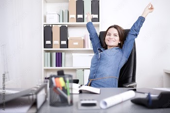 Office Woman Sitting on Chair Stretching her Arms