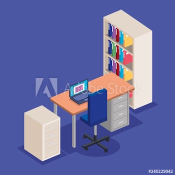 office workplace with desk and laptop scene