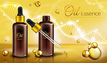 Oil essence in brown glass bottles with pipette and yellow liquid in droplets, spots. Free Vector