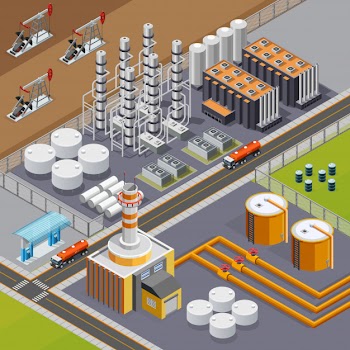 Oil industry and transportation composition with big refinery and pumpjacks 3d isometric vector illustration Free Vector