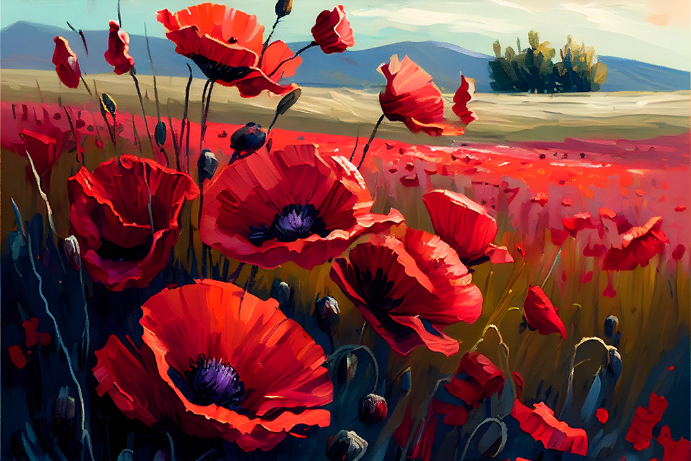 Oil painting of red tulips in a field during the day