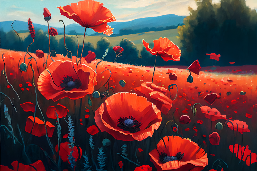 Oil painting of red tulips in a field during the day