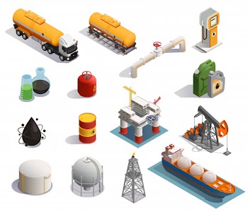 Oil petroleum industry isometric icons set with extraction refinery plant products transportation tanker pipeline Free Vector