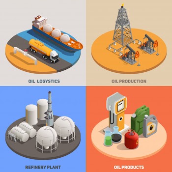 Oil production logistics refinery plant 4 isometric colorful background icons square petroleum industry concept Free Vector