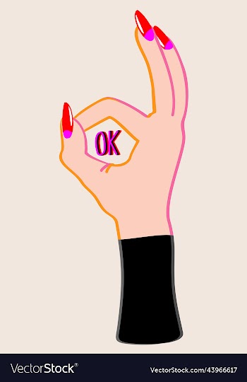 ok hand gesture female hand with long red nails