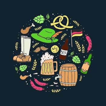 Oktoberfest illustration, beer festival design elements. German food and beer symbols isolated on dark background in circle. 
