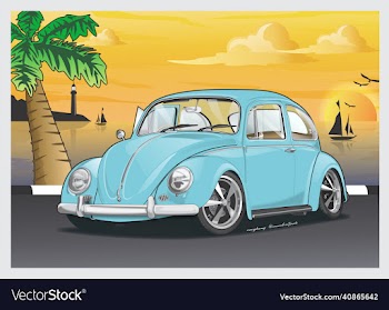 old classic beetle at seaside sunset poster design