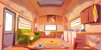 Old dirty interior of camper with broken furniture Free Vector