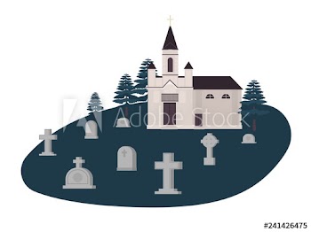 Old graveyard, cemetery or churchyard with graves, headstones or gravestones and Christian church, kirk or chapel