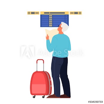 Old man standing by board screen in the airport