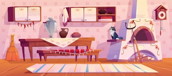 Old russian kitchen interior and traditional stove Free Vector