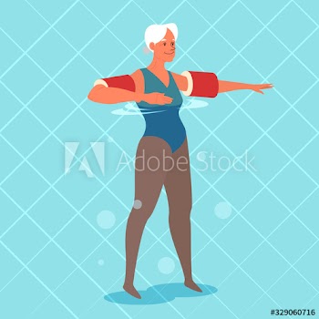Old woman doing exercise with swimming pool floaties on her hands