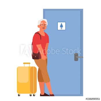 Old woman in the airport waiting the bathroom to open