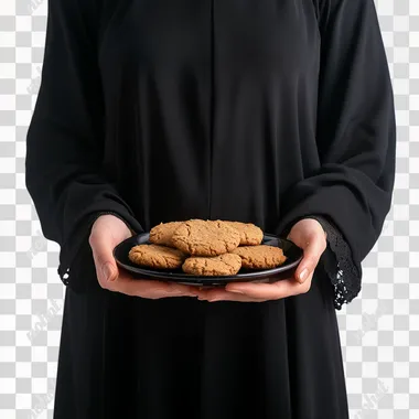 Omani Woman in Black Holding Cookies on a Plate