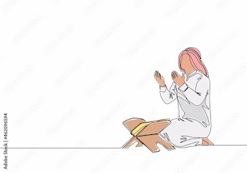 One continuous line drawing of young muslim person raise and open hands praying behind quran. Islamic holy day Ramadan Kareem and Eid Mubarak pray concept single line draw design vector illustration