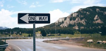 One Way street sign beside road far at the mountain during daytime