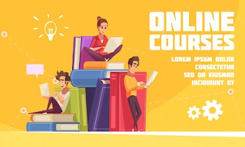 Online courses cartoon advertising web page with students sitting on books pile with laptops notebooks Free Vector